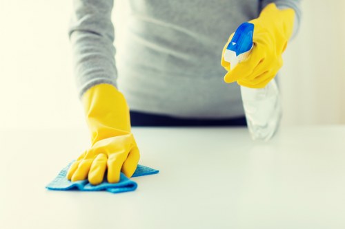 Staff using approved cleaning products and protective gear